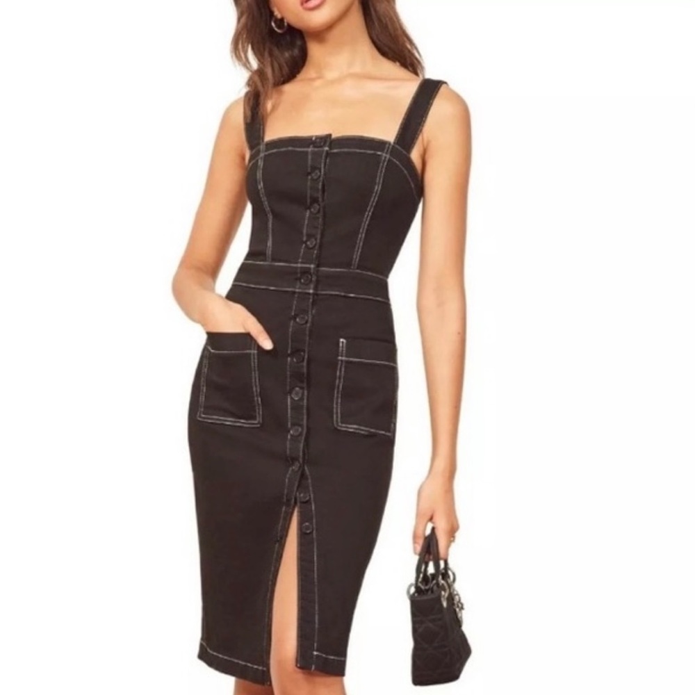 REFORMATION Black White Topstitching Button Down Roxanna Denim Dress, Size 2